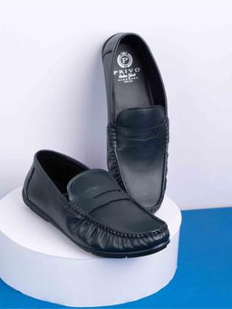 PRIVO - Mens Blue Solid Round Toe Casual Loafers Slip on Leather Shoes