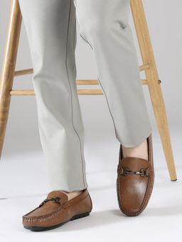 PRIVO - Mens Tan Solid Round Toe Casual Leather Loafers Shoes