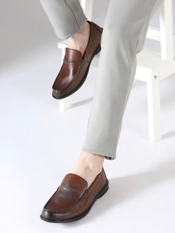PRIVO - Mens Tan Solid Round Toe Casual Leather Slip On Casual Loafers