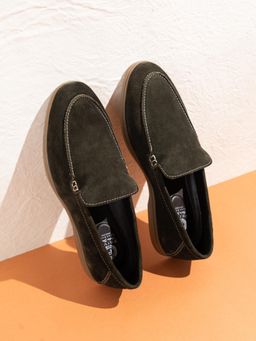 PRIVO - Mens Olive Solid Round Toe Casual Leather Slip On Casual Loafers