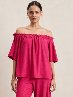 Femmella - Pink Knitted Schiffli Self Design Off-Shoulder Top