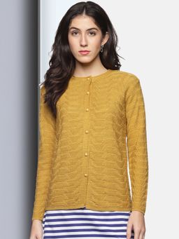 CLAPTON - Womens Wool Blend Gold Full Sleeve Solid Self Design Round Neck Cardigan
