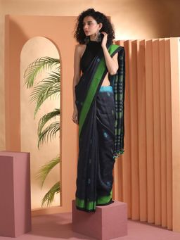 Beatitude - Navy Blue Woven Linen Saree with Unstitched Blouse