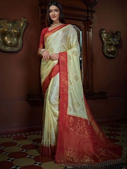 Odette - Off White Colour Satin Silk Saree with Unstitched Blouse