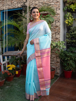 Bandhuli - Turquoise Color Silk by Cotton Maheshwari Saree with Unstitched Blouse