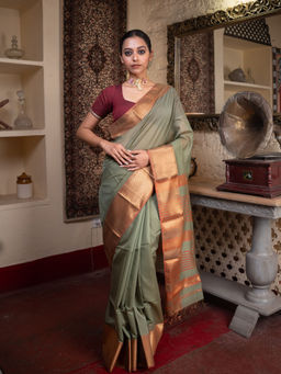 Bandhuli - Olive Color Silk by Cotton Maheshwari Saree with Unstitched Blouse