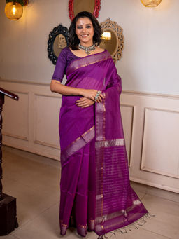 Bandhuli - Purple Color Silk by Cotton Maheshwari Saree with Unstitched Blouse