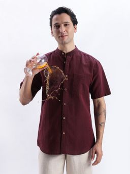 TURMS - Casual Mandarin Collar Maroon Linen Stain and Water Repellent Anti Odor Shirt