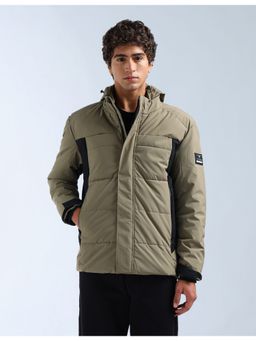 Flying Machine - Men Beige Nylon Colorblock Puffer Jacket