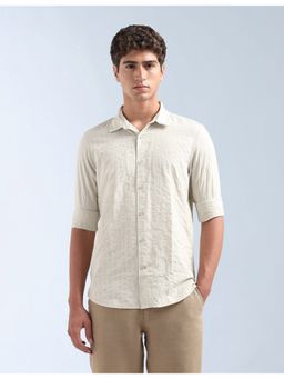Flying Machine - Cream Textured Vertical Striped Slim Fit Shirt