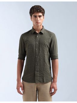 Flying Machine - Olive Textured Vertical Striped Slim Fit Shirt