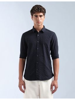 Flying Machine - Navy Blue Textured Vertical Striped Slim Fit Shirt