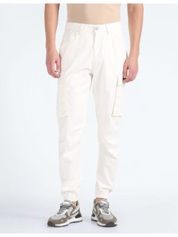 Flying Machine - Men Off White Cotton Solid Cargo