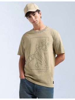 Flying Machine - Beige Graphic Printed Pure Cotton T-Shirt
