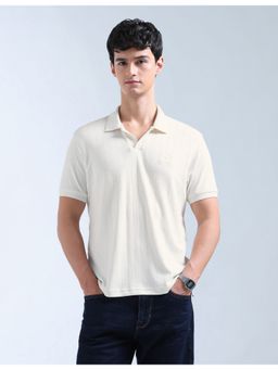 Flying Machine - Off White Textured Pure Cotton Polo T-Shirt