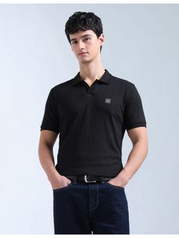 Flying Machine - Black Textured Pure Cotton Polo T-Shirt
