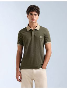 Flying Machine - Men Green Textured Regular Fit Polo T-Shirt