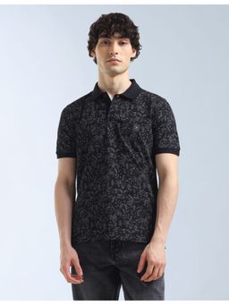 Flying Machine - Black Floral Printed Regular Fit Polo T-Shirt