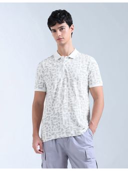 Flying Machine - White All Over Abstract Printed Pure Cotton Polo T-Shirt