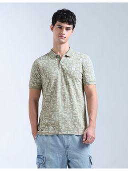 Flying Machine - Olive All Over Abstract Printed Pure Cotton Polo T-Shirt