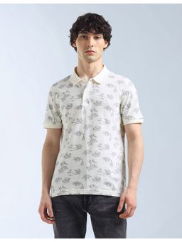 Flying Machine - Cream Floral Printed Regular Fit Polo T-Shirt