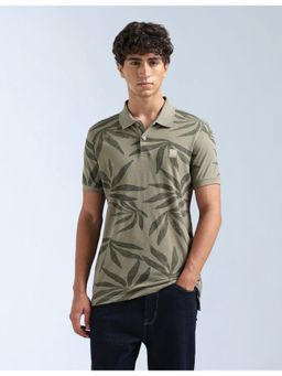 Flying Machine - Olive Tropical Printed Regular Fit Polo T-Shirt