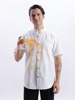 TURMS - Casual Mandarin Collar White Linen Stain and Water Repellent Anti Odor Shirt