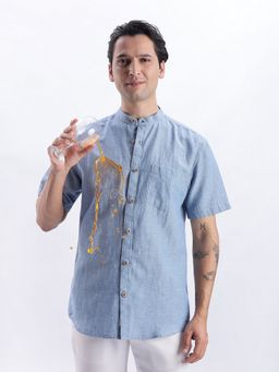 TURMS - Casual Mandarin Collar Blue Linen Stain and Water Repellent Anti Odor Shirt