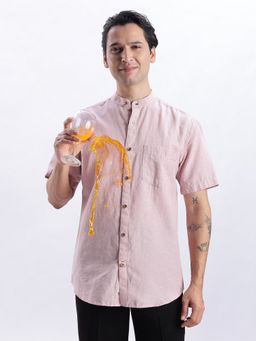 TURMS - Casual Mandarin Collar Pink Linen Stain and Water Repellent Anti Odor Shirt