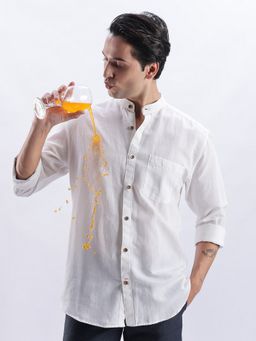 TURMS - Men Casual Mandarin Collar White Linen Stain and Water Repellent Anti Odor Shirt