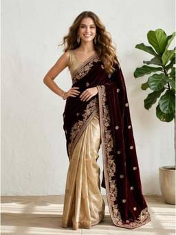 Dress & Dazzle - Multi-Color Tissue And Velvet Saree with Stitched Blouse