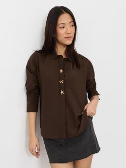 The Souled Store - Women Brown Solid/Plain Viscose Shirt
