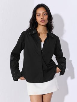 The Souled Store - Women Black Embellished/Sequined Pure Cotton Shirt