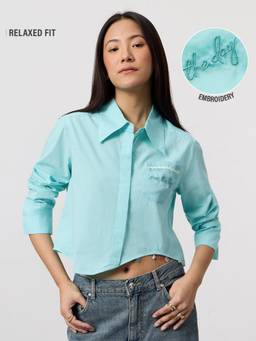 The Souled Store - Women Blue Solid/Plain Pure Cotton Shirt