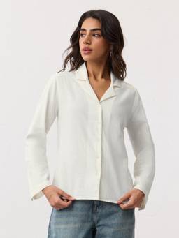 The Souled Store - Women Ivory Solid/Plain Cotton Linen Blend Shirt