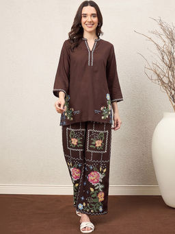 ZUMMER - Women Brown Floral Viscose Rayon Top with Pant