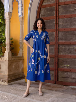 ZUMMER - Women Blue Floral Cotton Dress