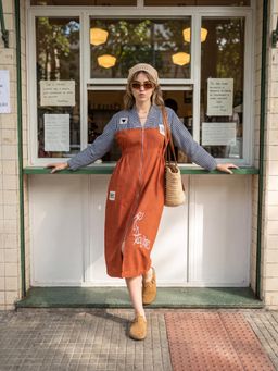 ZUMMER - Women Rust Stripes Cotton Dress