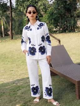 ZUMMER - Women White Floral Pure Cotton Shirt with Pant
