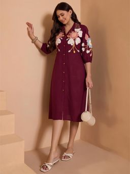 ZUMMER - Women Maroon Embroidered Cotton Dress