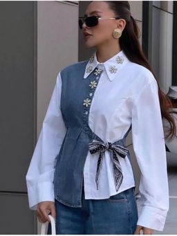 Loveable Creations By Muskan - Women White Embellished/Sequined Cotton Shirt