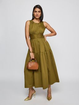 Label Ritu Kumar - Women Olive Solid/Plain Cotton Blend Dress