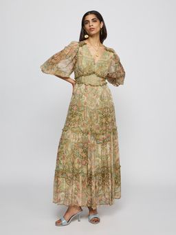 Label Ritu Kumar - Women Green Printed Chiffon Dress