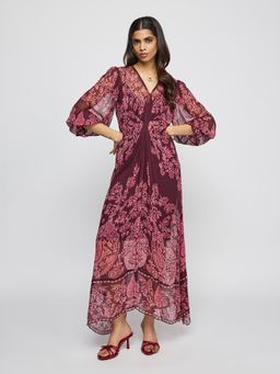 Label Ritu Kumar - Women Brown Printed Chiffon Dress with Camisole