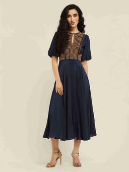 Label Ritu Kumar - Women Navy Blue Embroidered Crepe Dress