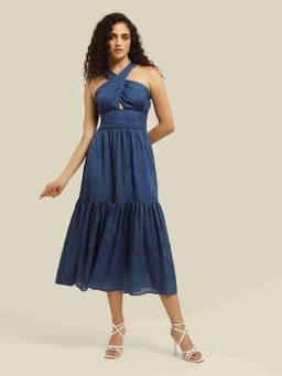 Label Ritu Kumar - Women Navy Blue Solid/Plain Viscose Blend Dress