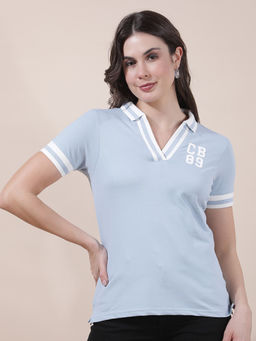 Cantabil - Women Blue Solid/Plain Polycotton Polo T-Shirt