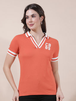 Cantabil - Women Orange Solid/Plain Polycotton Polo T-Shirt