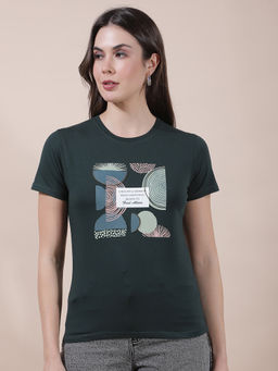 Cantabil - Women Green Printed Polycotton T-Shirt