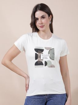 Cantabil - Women Cream Printed Polycotton T-Shirt